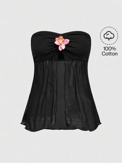 Y2K sexy Urlaubsstil Damen Crop Top mit asymmetrischem Saum, offener Front und Blumen-Akzenten