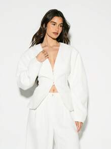 KIZN Elegant Office Formal Cropped Structured Blazer With Button Detail Professional Business Fall Winter Interview Statement White Sleek Set Minimalist Chic