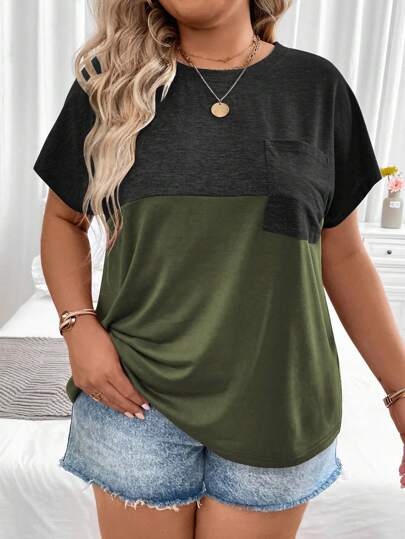 Plus Size Summer Casual Colorblock Batwing Sleeve T-shirt Grafiska T-shirts Dam Toppar