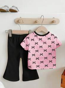 SHEIN Setelan Celana Lengan Pendek Leher Bulat Minimalis Kasual untuk Bayi Perempuan, Cocok untuk Musim Semi/Panas - MultiWarna - View 3