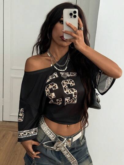 Coolane Casual Sports Leopard Print Alphabet Numeral Pattern Breathable T-Shirt