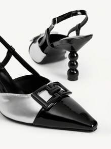 CUCCOO CHICEST Women's New Geometric Buckle Square Toe Patchwork Pointed Toe Artistic Asymmetric Heel Elegant Commute Chic High Heels, Black White Color Block Synthetic Leather & Patent Leather, Pumps For Dating Party Work - Silver - View 10