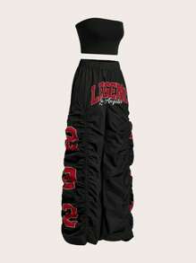 Coolane Women's Summer Streetwear Ricing Athleisure Number Pattern Slim Fit Crop Tube Top And Wide Leg Joggers Two Pieces Outfits