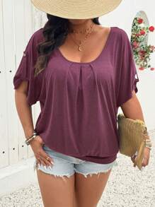 SHEIN LUNE Plus Size Large Round Neck With Ruched Trim Casual T-Shirt - Redwood - View 3