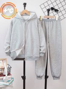 Conjunto de 3 piezas de ropa casual para niños preadolescentes: sudadera cuello redondo de unicolor, chaqueta con capucha de cremallera y pantalones de chándal de punto cálido