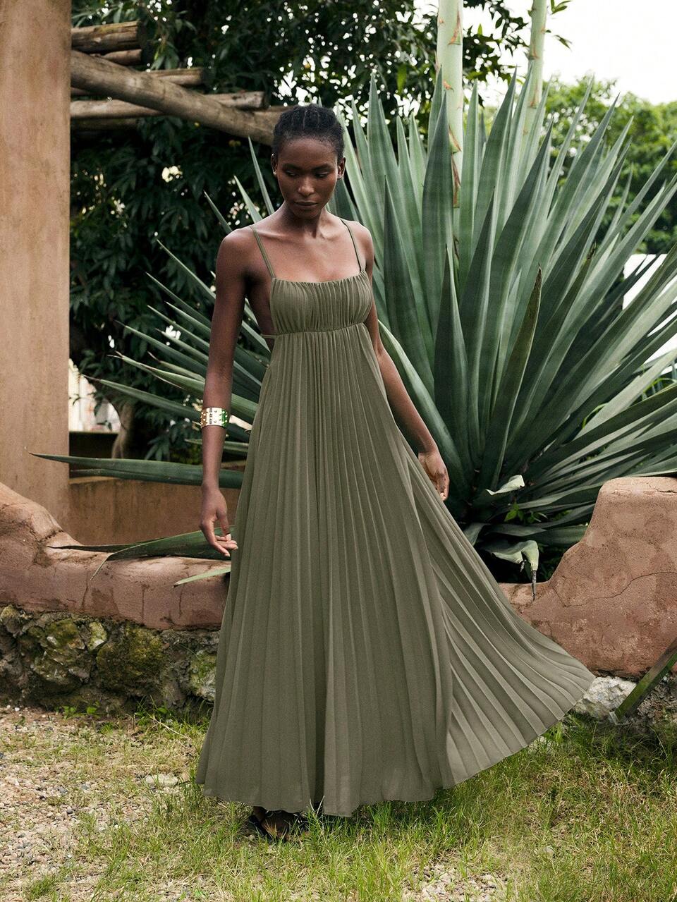 SHEIN Maija Women's Olive Green Summer Vacation Outfit Boho Holiday Modern Bohemian Tropical Beach Clothing Spaghetti Strap Pleated Sleeveless Elegant Dress