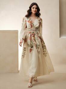 Anewsta Vestido elegante de manga larga con cuello en V, cintura y manga acampanada con estampado floral y encaje, adecuado para vacaciones, primavera/verano, festivales, graduación