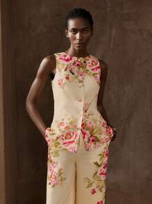 Maija Completo elegante da donna con vestaglia smanicata e pantaloni slim dritti, stampa di peonie, design in vita arricciato, chic per vacanze primavera/estate, feste, vita raccolta