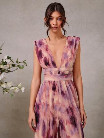 L'Amorae Elegant plisserad tryckt djupt V Wide Leg Jumpsuit, Bröllopskläder för kvinnor, Sommaroutfits för kvinnor