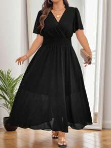 EMERY ROSE Plus Size Elegant Short Sleeve Dress With Wide Hemline, Ruffle Decor And Lace Edging. Loose Fit For Vacation Or Work, V-Neck Maxi Women Outfit - Black - View 4