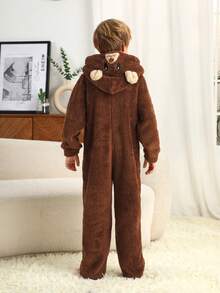 SHEIN Tween Boy Cartoon Embroidery 3D Ear Design Hooded Teddy Jumpsuit - Khaki - View 2