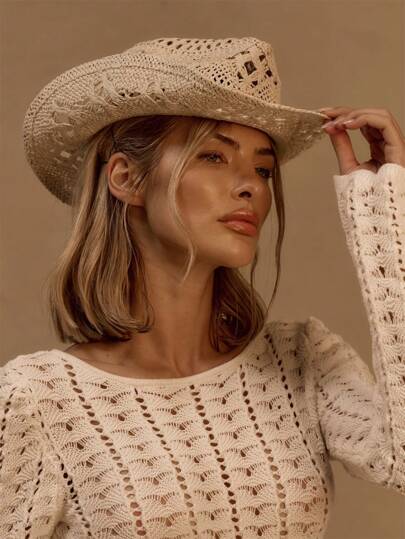 MUSERA Straw Cowboy Hat Curled Brim Beach Hat Sun Protection Breathable Western Festival