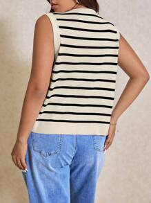 Elaquor Plus Size Striped Knitted Sweater Vest, Fashionable For Summer In Fall/Winter - Apricot - View 6
