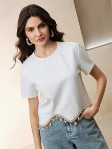 Anewsta 不对称设计圆珠和流苏装饰优雅假日休闲圆领插肩袖 T 恤上衣，适合春夏季节、毕业典礼、节日、假日、休闲 - 白色 - 查看 7