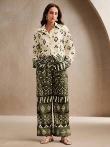 Anewsta Damen Frühling-/Sommer-Zweiteiler mit Diamantgittermuster, hochwertige Mode-Bedrucktes Top und Hose, Lässig, Festival, Urlaub, Feiertag