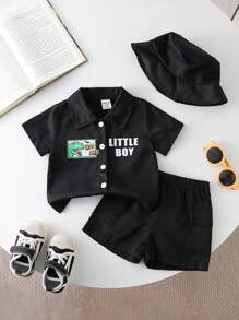 SHEIN Baby Jungen Lässig Outdoor Set, Vorne offenes Poloshirt mit süßem Tier- und Slogan-Aufdruck, Hose mit Taschen und Fischerhut