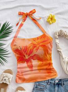 SHEIN WYWH 大码女式扎染热带花卉印花休闲宽松挂脖背心，夏季 - 黃色 - 查看 1