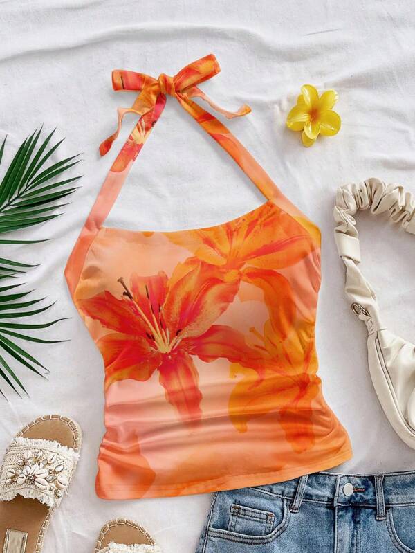SHEIN WYWH Plus Size Women Tie Dye Tropical Floral Print Casual Loose Fit Halter Neck Tank Top, Summer
