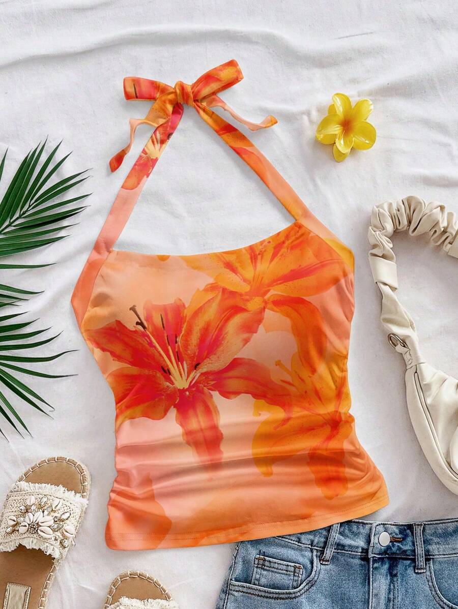 SHEIN WYWH 大码女式扎染热带花卉印花休闲宽松挂脖背心，夏季 - 黃色 - 查看 1