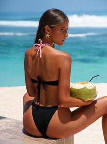 Swim Vcay Ladies' Spring/Summer Beach Black & Red Checkered Halter Neck High Cut Pants Backless Bikini Set - Multicolor - View 3