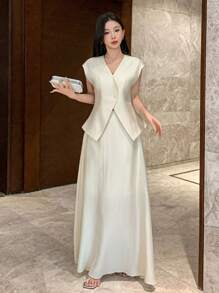 DAZY Solid Color V-Neck Camisole & Skirt 2 Pieces Set For Women - Apricot - View 6