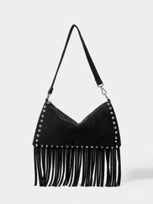 SHECARRY Studded Tassel Punk Style Women Shoulder Bag - Black - View 3