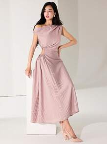 Heiryn Women's Elegant Commuter Lotus Pink Ruffle Asymmetric Neck Sleeveless Dress Summer Outfits For Women   Wedding Guest Dress Women  Off The Shoulder  Pink Dress - Dusty Pink - View 2