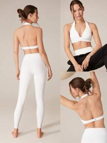 GLOWMODE FeatherFit™ Deep V Neck Adjustable Halter Cropped Sports Bra With Crossover Bust Low Impact Yoga Daily