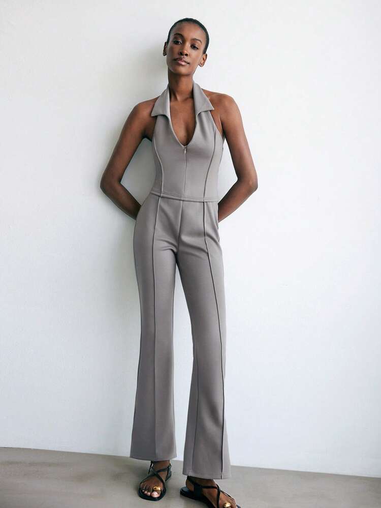 SHEIN Maija Wiosenno-letni, nowy, szary, damski top bez rękawów z kołnierzykiem typu halter i niewidocznym zamkiem błyskawicznym, elegancki na karnawał, imprezę, Walentynki, powrót do szkoły, festiwal muzyczny, formalne spotkanie towarzyskie, dojazdy do pracy