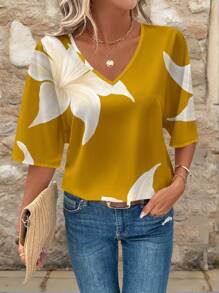 EMERY ROSE Blusa holgada de estilo casual con estampado floral y cuello en V de manga 3/4, adecuada para el verano