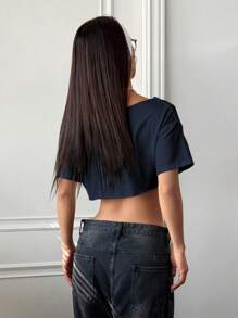 Flirla Áo thun nữ tay ngắn màu trắng, dáng rộng, không đối xứng vai, tua rua, phong cách đường phố Y2K đa năng, thích hợp cho mùa xuân/hè. - Màu xanh hải quân - Xem 2