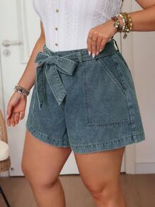 SHEIN LUNE Plus Size Women's Casual Washed Denim Shorts With Big Pockets, Summer - Medium Wash - View 4