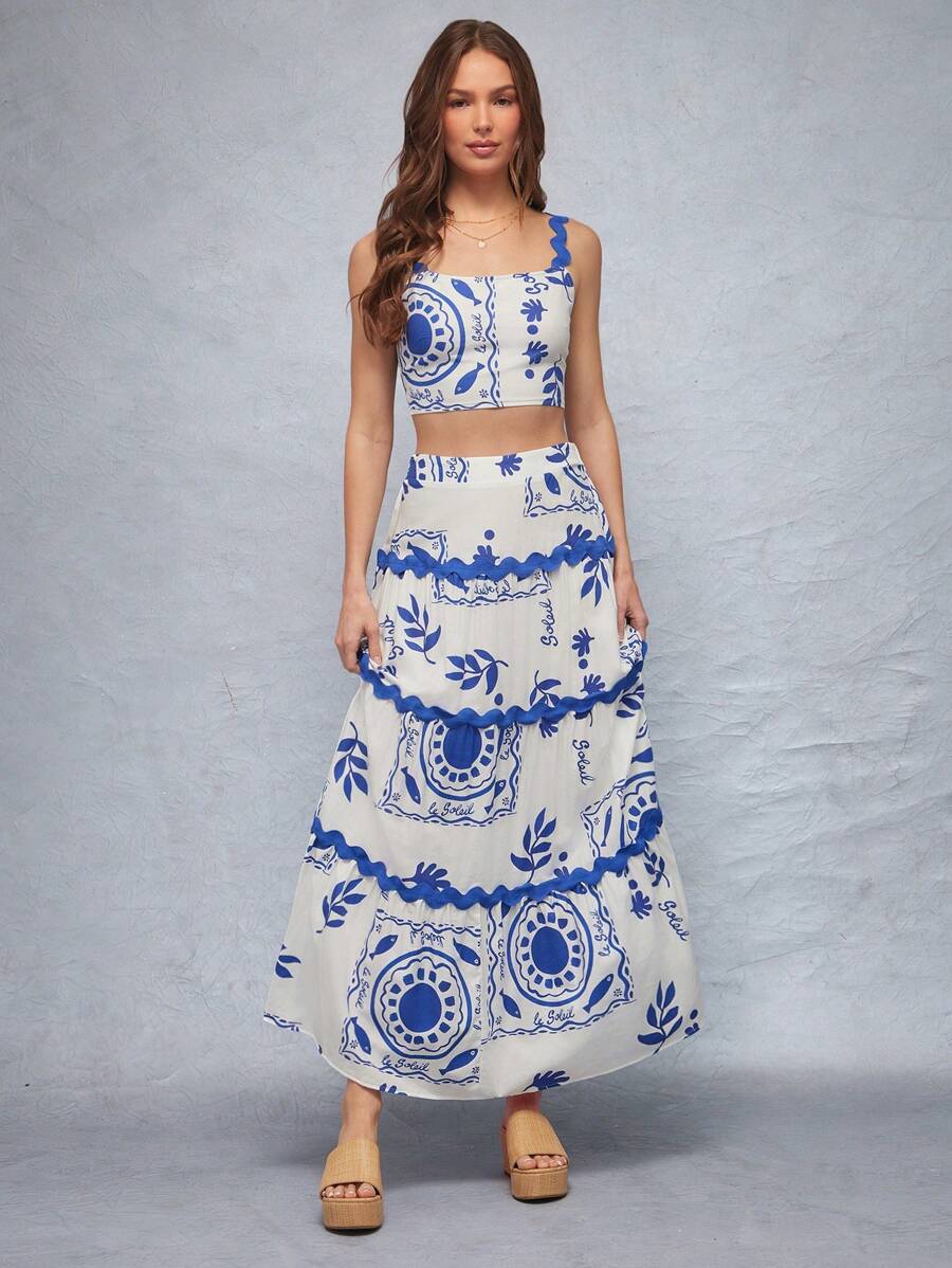 WESTFADE Parte superior corta ajustada de primavera casual y linda con estampado de parches de flores y peces tropicales, cuello cuadrado, tirantes ondulados con puntilla y espalda fruncida, para vacaciones de verano en la playa