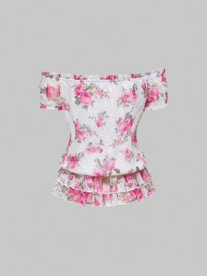 J-Fashion Y2K Style Women's Off Shoulder Lace Print Blouse With Puff Hem