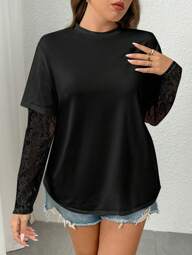 Easura Plus Size Women Spring/Summer Lace Patchwork Straight-Fit Short Sleeve T-Shirt Fall Cloth For Women