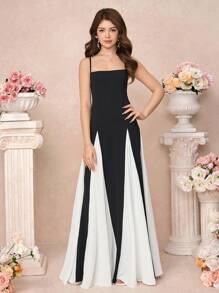 Pitira Pitira Teens Girls' Black & White Contrast Color Block Vintage Elegant Dress, Suitable For Wedding, Party, Graduation Season - Black and White - View 5