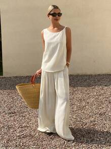 DAZY 2 件套女士纹理不对称领无袖上衣和裤子套装，春夏 - 白色 - 查看 5