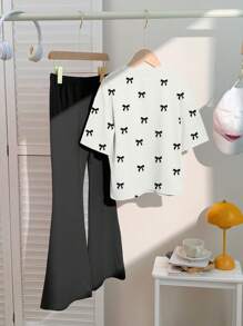 SHEIN مجموعة ملابس علوية أكمام قصيرة وبنطلون بنمط الفيونكة مناسبة للفتيات المراهقات، مناسبة للصيف - 2 قطعة