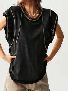 Bohemela Plus Size Casual Loose Solid Color Washed Knit Crew Neck T-Shirt, Summer