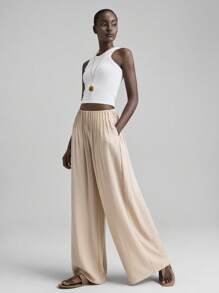 Ontre 2025女夏季纯色褶皱腰宽松阔腿休闲裤，度假风，都市简约，轻松舒适长裤，适合度假，海滩，音乐节，老师 - 卡其色 - 查看 4