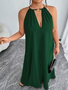 Elenzga Women's Fashion Elegant Solid Color Halter Neck Loose Plus Size Dress, Valentine's Red, New Year