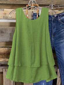 Linhara 大码女式甜美复古双荷叶边下摆吊带背心，适合海滩度假，春夏季 - 綠色 - 查看 2