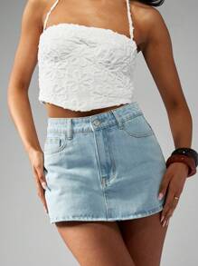 MISSGUIDED Micro Mini Rigid Denim Bleached Ice Blue Wash Skort - Light Wash - View 3