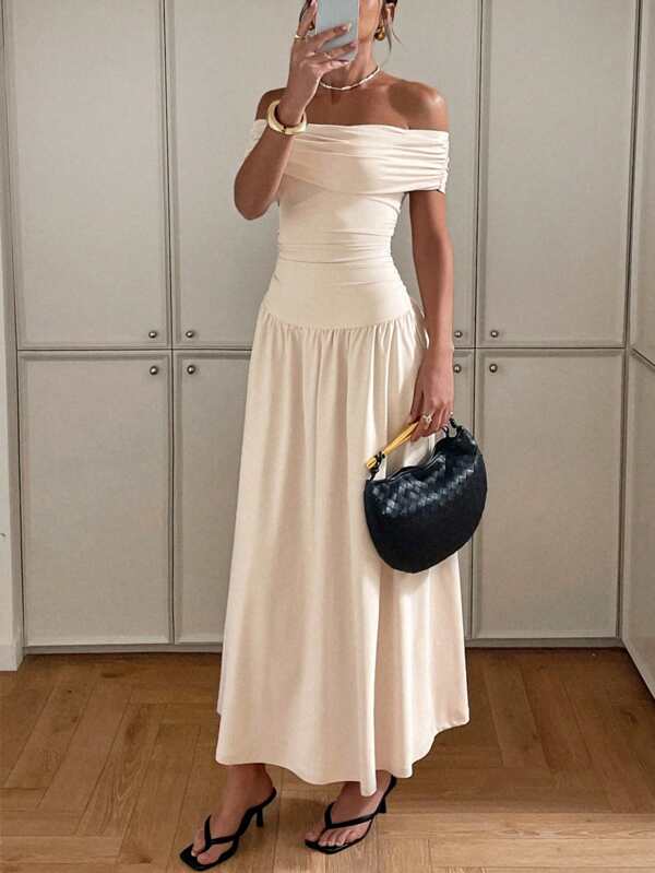 Siren Gaze Women's Solid Off Shoulder Cinched Waist Dress, Simple & Minimalist, Summer