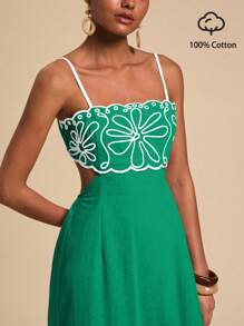Travachic Vacation Casual Embroidered Front Cut-Out A-Line Midi Tank Dress For Women - Green - View 1