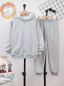 Conjunto de 3 piezas de ropa casual para niños preadolescentes: sudadera cuello redondo de unicolor, chaqueta con capucha de cremallera y pantalones de chándal de punto cálido