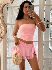 Swim Mod 3pcs Bandeau Ruffled Tankini Swimsuit Set For Summer Beach Vacation - Pink - View 6