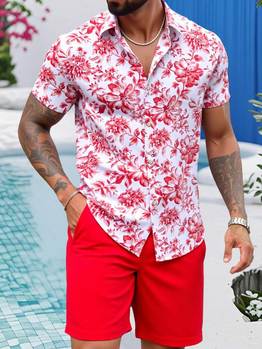 VENTUSAIL Men's Summer Floral Print Short Sleeve Shirt And Shorts Set, Vacation Wear, Cozy Outfits - Red and White - View 1