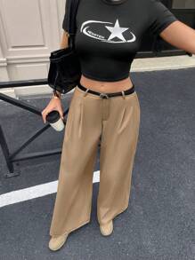SHEIN Essnce 女士休闲纯色低腰阔腿裤 - 卡其色 - 查看 7