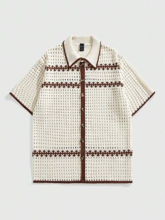 Street Life Men's Vacation Casual Color Block Trim Hollow Out Knit Sweater